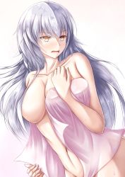 Rule 34 | 1girl, blush, collarbone, commentary request, covering privates, covering one breast, embarrassed, fate/grand order, fate (series), hair over breasts, hair over one breast, highres, jeanne d&#039;arc (fate), jeanne d&#039;arc alter (avenger) (fate), jeanne d&#039;arc alter (fate), long hair, looking at viewer, naked towel, navel, open mouth, open towel, pale skin, silver hair, solo, sweatdrop, towel, tsukihayashi, yellow eyes