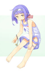 Rule 34 | 1girl, :o, arm support, bad id, bad twitter id, bare arms, bare legs, bare shoulders, barefoot, blue hair, border, bow, bracelet, clothing cutout, collarbone, dot nose, dress, fang, full body, green background, groin, hair bow, hairband, hand on own knee, hassai, highres, jewelry, legs apart, long hair, looking to the side, low ponytail, no pupils, open mouth, original, outside border, ponytail, short dress, sign, simple background, sleeveless, sleeveless dress, solo, swept bangs, warning sign, white border, white dress, yellow eyes