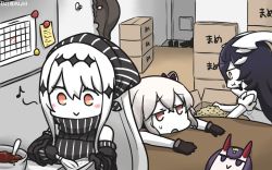 Rule 34 | 3girls, abyssal ship, aircraft carrier water oni, anchorage water oni, beans, black gloves, black hair, blush, box, character mask, colored skin, commentary request, crossover, dated, destroyer water oni, eating, fate/grand order, fate (series), gloves, hair between eyes, hamu koutarou, highres, kantai collection, long hair, mask, multiple girls, musical note, open mouth, orange eyes, quaver, red eyes, shuten douji (fate), smile, very long hair, white hair, white skin