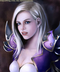 Rule 34 | 1girl, armor, blonde hair, blue eyes, breasts, cleavage, jaina proudmoore, large breasts, realistic, solo, warcraft, world of warcraft