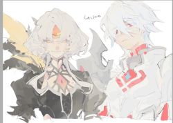 Rule 34 | 1boy, 1girl, closed mouth, code: antithese (elsword), elsword, elsword (character), eve (elsword), facial mark, forehead mark, genesis (elsword), linbai22, long hair, looking at viewer, red eyes, short hair, sketch, smile, white background, white hair, yellow eyes