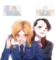 Rule 34 | 2girls, animification, black hair, blonde hair, blue eyes, blush, commentary, english commentary, finger in another&#039;s mouth, formal, hand on another&#039;s shoulder, highres, kim yo-jong, long hair, multiple girls, natalia poklonskaya, necktie, ontaba, photo inset, real life, red eyes, simple background, smile, suit, teeth, upper body, watermark, white background, yuri