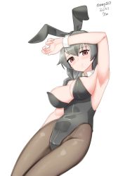 Rule 34 | 1girl, absurdres, alternate costume, animal ears, black hair, black leotard, black pantyhose, braid, breasts, brown eyes, dated, detached collar, hair flaps, highres, jingei (kancolle), kantai collection, large breasts, leotard, long hair, looking at viewer, maru (marg0613), one-hour drawing challenge, pantyhose, playboy bunny, rabbit ears, simple background, single braid, sitting, solo, strapless, strapless leotard, twitter username, white background, wrist cuffs