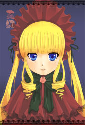 Rule 34 | 00s, 1girl, blonde hair, blue background, blue eyes, blunt bangs, bow, bowtie, dress, drill hair, frills, green bow, green bowtie, hat, long hair, looking at viewer, mame usagi, poncho, red dress, red hat, rozen maiden, shinku, sidelocks, simple background, solo, twin drills, twintails, upper body
