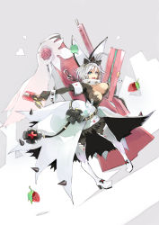 Rule 34 | 1girl, absurdres, ahoge, animal ears, bana (stand flower), belt, blue eyes, boots, bouncing breasts, bracelet, breasts, cleavage, clothing cutout, clover, collar, dress, elphelt valentine, fake animal ears, flower, food, four-leaf clover, fruit, grey background, guilty gear, guilty gear xrd, gun, hair between eyes, handgun, heart, high heels, highres, holding, holding weapon, huge ahoge, jewelry, large breasts, looking at viewer, open mouth, rabbit ears, rifle, rose, shotgun, simple background, solo, spiked bracelet, spiked collar, spikes, strawberry, thigh boots, thighhighs, weapon, wedding dress, white hair, white thighhighs