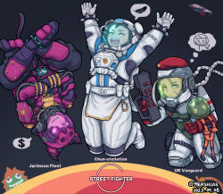 Rule 34 | 3girls, arms up, astronaut, beret, black hair, blonde hair, blue eyes, bracelet, bun cover, cammy white, capcom, cat tail, chun-li, commentary, crossed arms, english commentary, eyepatch, facial scar, fake tail, grin, gun, hair horns, han juri, hat, helmet, hershuar, holding, holding gun, holding weapon, jewelry, multiple girls, open mouth, red headwear, scar, scar on cheek, scar on face, sharp teeth, smile, space helmet, spacecraft, spacesuit, spiked anklet, spiked bracelet, spikes, spoken object, starfield, street fighter, street fighter 6, tail, teeth, upside-down, weapon