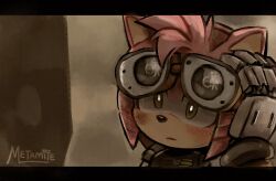 Rule 34 | 1girl, amy rose, commentary, cosplay, english commentary, furry, furry female, goggles, green eyes, highres, metamiie, solo, sonic (series), upper body, wall-e, wall-e (character), wall-e (character) (cosplay)