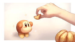 Rule 34 | absurdres, blush stickers, border, creature, disembodied limb, food, fruit, highres, holding, holding food, holding fruit, kirby (series), nintendo, outside border, shiburingaru, solid oval eyes, sparkle, sparkling eyes, waddle dee, white border