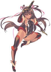Rule 34 | 1girl, armpits, bare shoulders, blade (galaxist), blush, boots, brown hair, commentary, covered navel, dual wielding, elbow gloves, covered erect nipples, full body, gloves, gun, hair ribbon, handgun, high heel boots, high heels, holding, holding gun, holding weapon, leotard, long hair, looking at viewer, mizuki yukikaze, pink eyes, pistol, ribbon, solo, standing, standing on one leg, taimanin (series), taimanin yukikaze, tan, tanline, thigh boots, thighhighs, thighs, two side up, very long hair, weapon