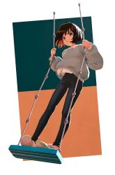 Rule 34 | 1girl, :t, absurdres, ahoge, black pants, blush, brown eyes, brown hair, collared shirt, full body, grey sweater, highres, kunitarou-art, looking at viewer, multicolored background, original, pants, pout, shirt, shoes, short hair, sneakers, solo, standing on swing, sweater, swing, white footwear, white shirt