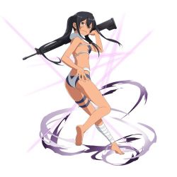 Rule 34 | 1girl, :p, ass, band, bikini, black hair, blue eyes, facial mark, from behind, full body, gun, looking back, official art, pitohui (sao), ponytail, rifle, solo, standing, swimsuit, sword art online, sword art online alternative: gun gale online, tongue, tongue out, weapon, white background