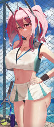Rule 34 | 1girl, absurdres, ass, asyux, azur lane, ball, black panties, bottle, breasts, bremerton (azur lane), bremerton (scorching-hot training) (azur lane), chain-link fence, cleavage, cowboy shot, crop top, crop top overhang, fence, grey hair, hair between eyes, hair ornament, hand on own hip, heart, heart necklace, highres, holding, holding racket, jewelry, large breasts, long hair, looking at viewer, microskirt, mole, mole on breast, mole under eye, multicolored hair, nail polish, navel, necklace, panties, pantyshot, pink eyes, pink hair, pink nails, racket, shirt, skirt, sleeveless, sleeveless shirt, solo, sportswear, standing, streaked hair, sweat, tennis ball, tennis racket, tennis uniform, twintails, two-tone hair, two-tone shirt, two-tone skirt, undersized clothes, underskirt, underwear, water bottle, x hair ornament