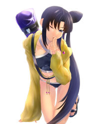 Rule 34 | 1girl, arm support, asymmetrical hair, bikini, black bikini, black hair, breasts, brown eyes, collarbone, fate/grand order, fate (series), finger to mouth, floating hair, full body, gluteal fold, hair bun, head tilt, index finger raised, jacket, kneeling, leaning forward, long hair, long sleeves, looking at viewer, medium breasts, muneyama ken, one eye closed, open clothes, open jacket, open mouth, ponytail, simple background, single hair bun, solo, swimsuit, thigh gap, ushiwakamaru (fate), ushiwakamaru (swimsuit assassin) (first ascension) (fate), very long hair, white background, yellow jacket