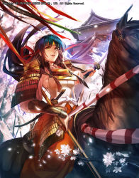 Rule 34 | 1girl, architecture, armor, black hair, blouse, cherry blossoms, east asian architecture, emperors saga, headband, highres, holding, holding sword, holding weapon, horse, horseback riding, japanese armor, katana, kusazuri, liduke, long sleeves, looking at viewer, official art, parted lips, riding, scabbard, sheath, shirt, smile, solo, sword, vambraces, watermark, weapon, yellow eyes