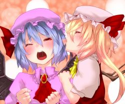 Rule 34 | 2girls, ascot, bat wings, biting, blonde hair, blue hair, blush, clenched hands, ear biting, eargasm, closed eyes, face, female focus, fingernails, flandre scarlet, hat, incest, light purple hair, multiple girls, nail polish, one eye closed, open mouth, pointy ears, red eyes, remilia scarlet, round teeth, saliva, siblings, side ponytail, sisters, soubi, teeth, touhou, uncommon stimulation, wince, wings, yuri
