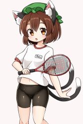 Rule 34 | 1girl, :o, animal ear fluff, animal ears, black shorts, blush, breasts, brown eyes, brown hair, cat ears, cat tail, chen, chestnut mouth, commentary request, earrings, feet out of frame, grey background, hat, holding, holding racket, jewelry, looking at viewer, midriff peek, mob cap, multiple tails, navel, nekomata, racket, shirt, short hair, short sleeves, shorts, simple background, single earring, small breasts, solo, suwa yasai, tail, touhou, two tails, white shirt
