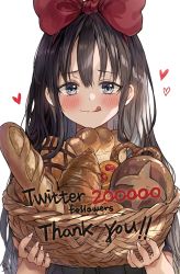 Rule 34 | 1girl, :q, baguette, basket, black hair, blush, bow, bread, closed mouth, commentary request, croissant, english text, food, grey eyes, hair bow, heart, highres, holding, holding basket, kiki (majo no takkyuubin), korean commentary, long hair, looking at viewer, majo no takkyuubin, milestone celebration, mixed-language commentary, red bow, saya (mychristian2), signature, simple background, solo, tongue, tongue out, upper body, white background