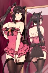 Rule 34 | 1girl, animal ears, bare shoulders, bell, black bow, black hair, black thighhighs, bow, breasts, cat ears, cat tail, cleavage, collar, collarbone, covered navel, date a live, dress, frilled hairband, frills, grin, hairband, heterochromia, highres, lindaroze, long hair, medium breasts, mirror, pink dress, red collar, red eyes, reflection, short dress, smile, tail, taut clothes, taut dress, thighhighs, thighs, tokisaki kurumi, twintails, waist bow, yellow eyes