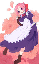 10s 1girl :d amatsuka_megumi_(gj-bu) apron blush boots breasts female_focus flower folded_ponytail gj-bu large_breasts long_sleeves maid maid_apron open_mouth petals pink_eyes pink_hair puffy_sleeves shinnyuu_buin short_hair smile solo tray