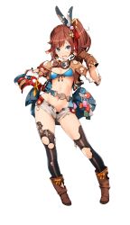 Rule 34 | 1girl, ataruman, blue eyes, boots, breasts, brown hair, chaps, cleavage, cowboy boots, formation girls, full body, gloves, goggles, highres, kobayakawa karin, looking at viewer, medium breasts, midriff, navel, official art, one eye closed, open mouth, short shorts, shorts, side ponytail, simple background, smile, solo, thighhighs, torn clothes, torn thighhighs, transparent background, unbuttoned