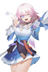 Rule 34 | 1girl, ;d, absurdres, blue eyes, blue skirt, breasts, cowboy shot, hand up, highres, hongdou 00, honkai: star rail, honkai (series), jacket, long sleeves, looking at viewer, march 7th (honkai: star rail), multicolored eyes, off-shoulder shirt, off shoulder, one eye closed, open mouth, pink eyes, pink hair, pleated skirt, selfie, shirt, short hair, simple background, skirt, small breasts, smile, solo, thighs, tied jacket, v, white background, white shirt