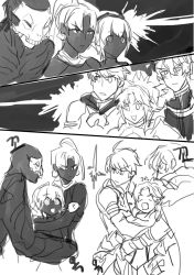 Rule 34 | 3boys, 3girls, arthur pendragon (fate), assassin (fate/zero), bad id, bad twitter id, comic, fate/apocrypha, fate/grand order, fate/prototype, fate/prototype: fragments of blue and silver, fate/stay night, fate/zero, fate (series), gawain (fate), greyscale, hassan of serenity (fate), hassan of the cursed arm (fate), highres, hug, monochrome, mordred (fate), mordred (fate/apocrypha), multiple boys, multiple girls, silent comic