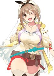 Rule 34 | 1girl, absurdres, atelier (series), atelier ryza, atelier ryza 1, belt, blue belt, blush, breasts, brown belt, brown eyes, clothing cutout, commentary request, flask, gen (black factory), hair between eyes, hair ornament, hairclip, highres, jacket, jewelry, large breasts, leather, leather belt, looking at viewer, necklace, one eye closed, open mouth, red shorts, reisalin stout, round-bottom flask, short shorts, shorts, shoulder cutout, sleeveless, sleeveless jacket, solo, star (symbol), star necklace, strap, thighs, vial, white headwear, yellow jacket