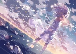 Rule 34 | 1girl, ahoge, arm up, bare arms, bare shoulders, blue eyes, blue sky, breasts, cloud, cloudy sky, commentary request, day, dress, dutch angle, haruse hiroki, horizon, long hair, looking at viewer, looking back, ocean, original, outdoors, rock, see-through silhouette, silver hair, sky, sleeveless, sleeveless dress, small breasts, solo, standing, wading, water, white dress