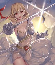 Rule 34 | blonde hair, breasts, dress, gauntlets, ginko (nico), jewelry, large breasts, red eyes, sheath, solo, sword, weapon