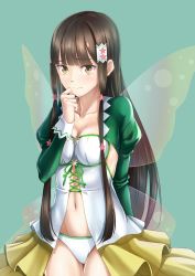 Rule 34 | 1girl, amagi brilliant park, arm behind back, breasts, brown eyes, brown hair, cleavage, commentary request, dress, fairy, fairy wings, frilled dress, frills, green background, green sleeves, hand to own mouth, highres, koborii (amaburi), long hair, navel, open clothes, open dress, panties, showgirl skirt, simple background, small breasts, solo, thigh gap, thighs, underwear, wakusei-planet, white dress, white panties, wings, yellow dress