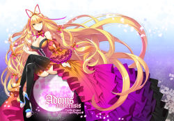 Rule 34 | 1girl, absurdly long hair, alternate costume, black thighhighs, blonde hair, bow, breasts, character name, cleavage, crossed legs, detached sleeves, dress, frilled dress, frills, full body, large breasts, latin text, legs, long hair, long legs, looking at viewer, roh nam kyung, smile, solo, thighhighs, thighs, touhou, very long hair, yakumo yukari, yellow eyes
