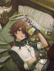 Rule 34 | 1girl, a4-kalajiao, arknights, bed, black gloves, chinese commentary, detached wings, energy wings, exusiai (arknights), fingerless gloves, food in mouth, gloves, hair over one eye, halo, highres, id card, jacket, orange eyes, red hair, short hair, solo, white jacket, wings