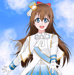Rule 34 | 1girl, aqua eyes, aqua sash, artist name, artist request, blue eyes, blue skirt, blue sky, blush, bow, bowtie, breasts, brown hair, buttons, cloud, coattails, collared dress, cropped vest, day, dress, female focus, gloves, gradient skirt, hair between eyes, hair bow, hat, high ponytail, highres, layered skirt, long hair, long sleeves, looking at viewer, love live!, love live! nijigasaki high school idol club, love live! school idol festival, mini hat, mini top hat, miniskirt, nijiiro passion!, nijiiro passions! (love live!), osaka shizuku, outdoors, parted lips, plaid, plaid dress, plaid skirt, pleated, pleated dress, pleated skirt, ponytail, rainbow-colored passions!, reaching, reaching towards viewer, red bow, shako cap, skirt, skirt under dress, sky, small breasts, smile, solo, sparkle, top hat, vest, white bow, white dress, white gloves, white vest, wing collar