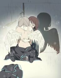 Rule 34 | 2girls, angel wings, black footwear, black jacket, brown hair, commentary, crying, eryon g, feathered wings, girls band cry, grey hair, guitar, hand on another&#039;s back, hand on another&#039;s shoulder, hashtag-only commentary, hug, instrument, iseri nina, jacket, kawaragi momoka, long hair, microphone, multiple girls, open mouth, outdoors, rain, shadow, shirt, short twintails, single off shoulder, tears, twintails, unworn clothes, wings, yellow shirt