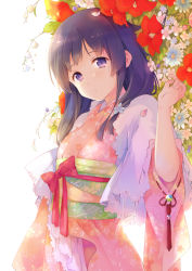 Rule 34 | 1girl, bad id, bad pixiv id, floral print, flower, hair flower, hair ornament, head tilt, japanese clothes, kimono, long hair, long sleeves, looking at viewer, obi, original, ousaka nozomi, petals, purple eyes, purple hair, ribbon-trimmed sleeves, ribbon trim, sash, simple background, solo, tareme, white background, wide sleeves