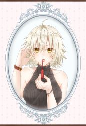 Rule 34 | 1girl, :o, absurdres, ahoge, applying makeup, arm up, bad id, bad pixiv id, bare arms, bare shoulders, bead bracelet, beads, black sweater, blonde hair, blush, bracelet, breasts, buckle, commentary request, cosmetics, covered collarbone, cross, fate/grand order, fate (series), fingernails, glint, hair between eyes, tucking hair, halterneck, highres, holding, jeanne d&#039;arc (fate), jeanne d&#039;arc alter (avenger) (fate), jeanne d&#039;arc alter (fate), jewelry, latin cross, letterboxed, lipstick, lipstick tube, looking at viewer, makeup, medium breasts, mirror, necklace, open mouth, pink background, red lips, reflection, ribbed sweater, rikaya010203, short hair, sleeveless, solo, sweater, upper body, watch, wristband, wristwatch, yellow eyes
