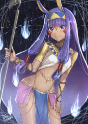 Rule 34 | 1girl, bare legs, breasts, dark-skinned female, dark skin, eyebrows hidden by hair, fate/grand order, fate (series), hairband, holding, holding staff, long hair, looking at viewer, nitocris (fate), pointy ears, purple eyes, purple hair, shiohari kanna, smile, solo, staff, stomach, twintails, veilrain, very long hair