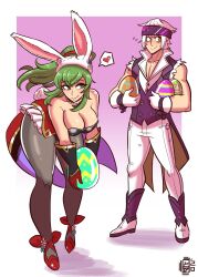 Rule 34 | 1boy, 1girl, alternate costume, animal ears, bare shoulders, black leotard, black pantyhose, blush, breasts, brown eyes, cleavage, closed mouth, commentary, detached collar, easter egg, egg, english commentary, fake animal ears, fake tail, fire emblem, fire emblem awakening, fire emblem heroes, flying sweatdrops, gloves, green eyes, green hair, hair between eyes, headband, heart, highres, holding, holding egg, large breasts, leotard, long hair, looking at viewer, looking away, muscular, muscular male, nintendo, pants, pantyhose, playboy bunny, ponytail, purple headband, rabbit ears, rabbit tail, red footwear, robin (fire emblem), robin (male) (fire emblem), scruffyturtles, seductive smile, shoes, short hair, sleeveless, smile, strapless, strapless leotard, tail, tiki (adult) (fire emblem), tiki (fire emblem), white footwear, white gloves, white hair, white pants
