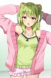 Rule 34 | 1girl, arms up, bare shoulders, blush, breasts, camisole, cowboy shot, double bun, green camisole, green eyes, green hair, hair between eyes, hair bun, hair ornament, hairclip, highres, jacket, jewelry, long hair, looking at viewer, morinaka kazaki, necklace, nijisanji, open clothes, open jacket, open mouth, pink jacket, pink shorts, polka dot, polka dot camisole, racchi., short shorts, shorts, side bun, small breasts, solo, virtual youtuber