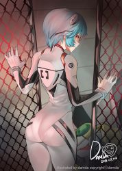 Rule 34 | 1girl, 2016, artist name, ass, ayanami rei, back, blue hair, bodysuit, bracer, breasts, chain-link fence, cowboy shot, damda, dated, expressionless, eyelashes, fence, from behind, from side, gloves, hair between eyes, hands up, headgear, impossible bodysuit, impossible clothes, interface headset, legs together, looking at viewer, looking back, neon genesis evangelion, pilot suit, plugsuit, profile, red eyes, short hair, skin tight, solo, standing, turtleneck, white bodysuit, white gloves