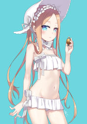 Rule 34 | 1girl, abigail williams (fate), abigail williams (swimsuit foreigner) (fate), abigail williams (swimsuit foreigner) (third ascension) (fate), bare shoulders, bikini, blonde hair, blue background, blue eyes, blush, bonnet, bow, fate/grand order, fate (series), groin, highres, holding, long hair, looking at viewer, minamura haruki, multiple bows, navel, parted bangs, ribbon, sidelocks, simple background, smile, solo, strapless, strapless bikini, swimsuit, white bikini, white bow, white headwear