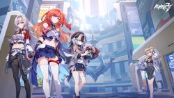 Rule 34 | 4girls, arms behind back, bare shoulders, black gloves, black hair, blonde hair, blue shorts, breasts, china dress, chinese clothes, commentary, coralie (honkai impact), day, dress, drone, eyewear on head, feet out of frame, fingerless gloves, gloves, grey eyes, helia (honkai impact), highres, holding, honkai (series), honkai impact 3rd, large breasts, logo, long hair, looking at object, looking at viewer, midriff, multiple girls, nail polish, navel, official art, outdoors, red hair, senadina (honkai impact), shorts, side ponytail, small breasts, smile, songque (honkai impact), thighhighs, white hair, white thighhighs