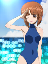 Rule 34 | 1girl, artist name, blue one-piece swimsuit, blue sky, blurry, blurry background, bokeh, brown eyes, brown hair, cloud, cloudy sky, commentary, covered navel, dated, depth of field, girls und panzer, halterneck, highres, horizon, looking at viewer, naotosi, nishizumi miho, ocean, one-piece swimsuit, one eye closed, open mouth, salute, short hair, sky, smile, solo, standing, swimsuit
