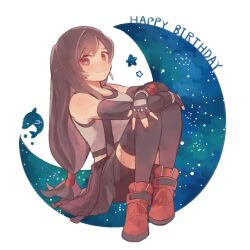 Rule 34 | 1girl, arm guards, bare shoulders, bike shorts under skirt, birthday, black gloves, black hair, black skirt, black sports bra, black thighhighs, blush, boots, breasts, brown hair, closed mouth, crescent moon, crop top, dolphin, earrings, elbow gloves, final fantasy, final fantasy vii, final fantasy vii remake, fingerless gloves, full body, gloves, happy birthday, highres, jewelry, knees up, long hair, looking at viewer, low-tied long hair, medium breasts, moon, night, night sky, red eyes, red footwear, single earring, sitting, skirt, sky, smile, solo, sports bra, star (sky), star (symbol), starry sky, suspender skirt, suspenders, swept bangs, tank top, tasituma2, teardrop earring, thighhighs, tifa lockhart, white background, white tank top