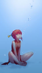 Rule 34 | 1girl, air bubble, bad id, bad pixiv id, barefoot, blue background, breath, bubble, blowing bubbles, butterfly sitting, china dress, chinese clothes, dress, feet together, gintama, hands on feet, highres, holding breath, indian style, kagura (gintama), knees apart feet together, loli bushi, looking up, nail polish, puffy cheeks, red hair, simple background, sitting, solo, toenail polish, toenails, underwater