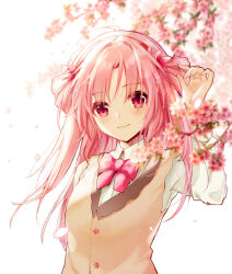 Rule 34 | 1girl, akinomiya asuka, breasts, cherry blossoms, closed mouth, collared shirt, commentary request, flower, hair flower, hair ornament, long hair, long sleeves, looking at viewer, neck ribbon, original, parted bangs, pink eyes, pink flower, pink hair, pink ribbon, ribbon, riverbed soul saver, shirt, small breasts, smile, solo, touhou, upper body, vest, white shirt, yamatoyo no momohime, yellow vest