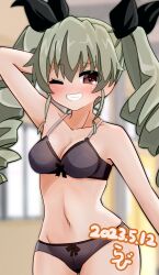 Rule 34 | 1girl, anchovy (girls und panzer), arm behind head, artist name, black bra, black panties, black ribbon, blurry, blurry background, blush, bow, bow bra, bow panties, bra, breasts, brown eyes, cleavage, commentary request, commission, cowboy shot, dated, depth of field, drill hair, girls und panzer, green hair, grin, groin, hair ribbon, highres, indoors, long hair, looking at viewer, navel, one eye closed, panties, partial commentary, ribbon, shiro (kiron), signature, skeb commission, small breasts, smile, solo, standing, twin drills, twintails, underwear, underwear only