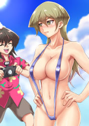 Rule 34 | 1boy, 1girl, ^ ^, armpits, beach, blue sky, blush, breasts, brown hair, camera, closed eyes, cloud, cowboy shot, day, embarrassed, groin, hair between eyes, hands on own hips, happy, hetero, highres, large breasts, muto dt, navel, open mouth, outdoors, sideboob, sky, slingshot swimsuit, smile, stomach, swimsuit, tenjouin asuka, tenjouin fubuki, yu-gi-oh!, yu-gi-oh! gx