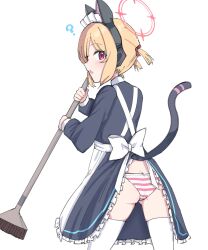 Rule 34 | 1girl, ?, absurdres, animal ear headphones, animal ears, apron, ass, black dress, blonde hair, blue archive, blush, cat tail, cowboy shot, dress, fake animal ears, frilled apron, frilled dress, frills, from behind, halo, headphones, highres, holding, kaito (kaito921125), long sleeves, looking at viewer, looking back, maid, maid apron, maid headdress, momoi (blue archive), momoi (maid) (blue archive), official alternate costume, open mouth, panties, pink halo, red eyes, short hair, simple background, solo, striped clothes, striped panties, tail, thighhighs, underwear, white apron, white background, white thighhighs