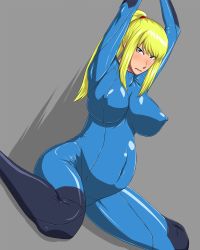 Rule 34 | 1girl, angry, arms up, blonde hair, blue eyes, blush, bodysuit, breasts, covered erect nipples, dutch angle, highres, large breasts, latex, lipstick, long hair, makeup, metroid, ml, nintendo, nipples, no bra, ponytail, pregnant, samus aran, simple background, sitting, solo, wariza, zero suit